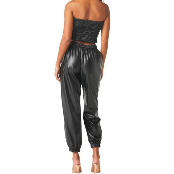 NWT Misa Los Angeles Black Smocked Crop Top & Vegan Leather Joggers Set Size S‎ - Picture 2 of 14